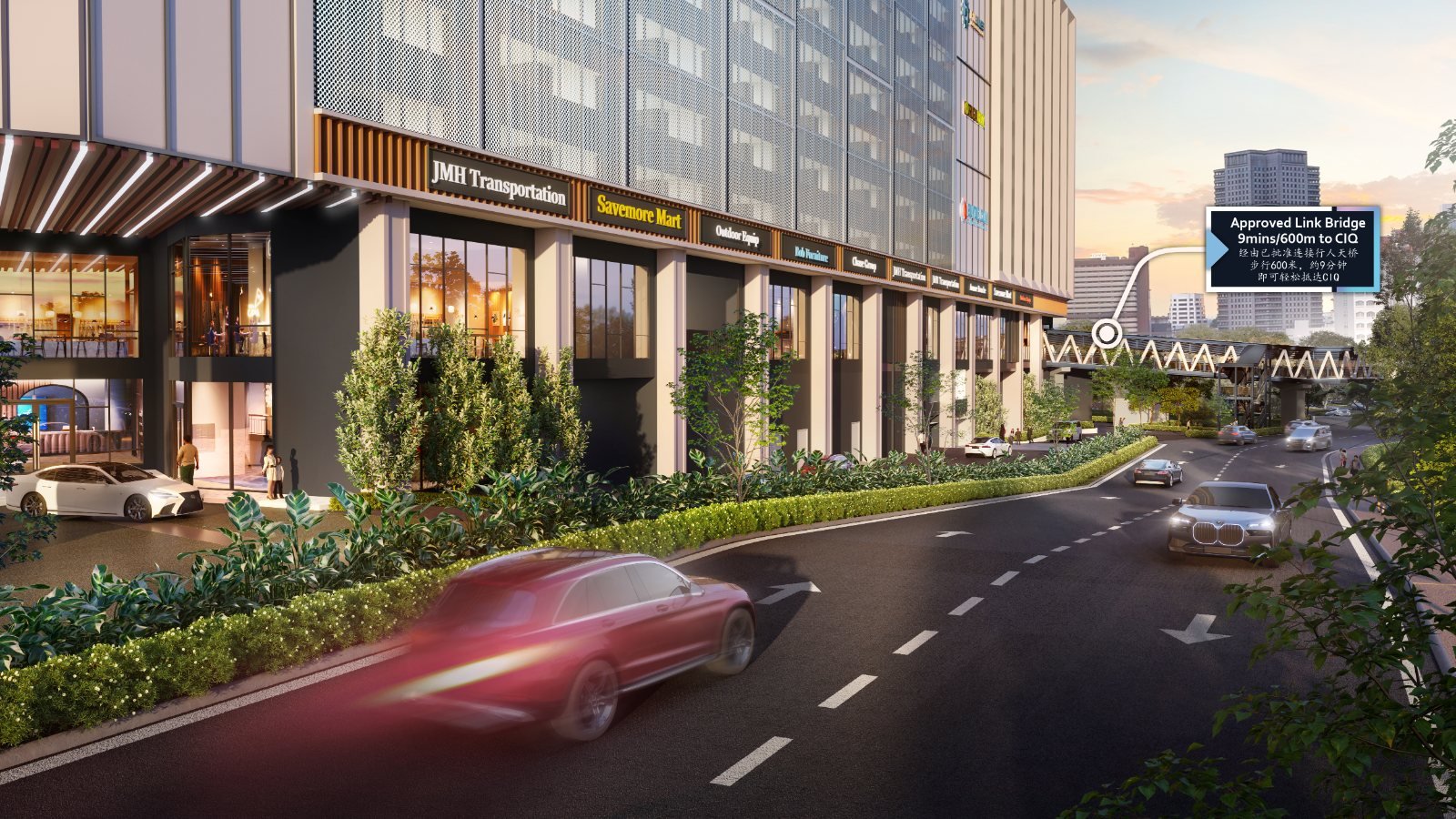 Artist's impression of Causewayz Square retail frontage and the proposed link bridge towards the CIQ