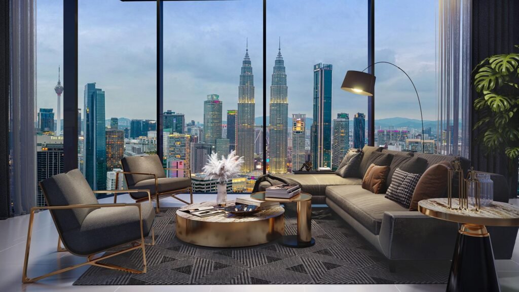 Show unit living room with city view, Eaton Residences