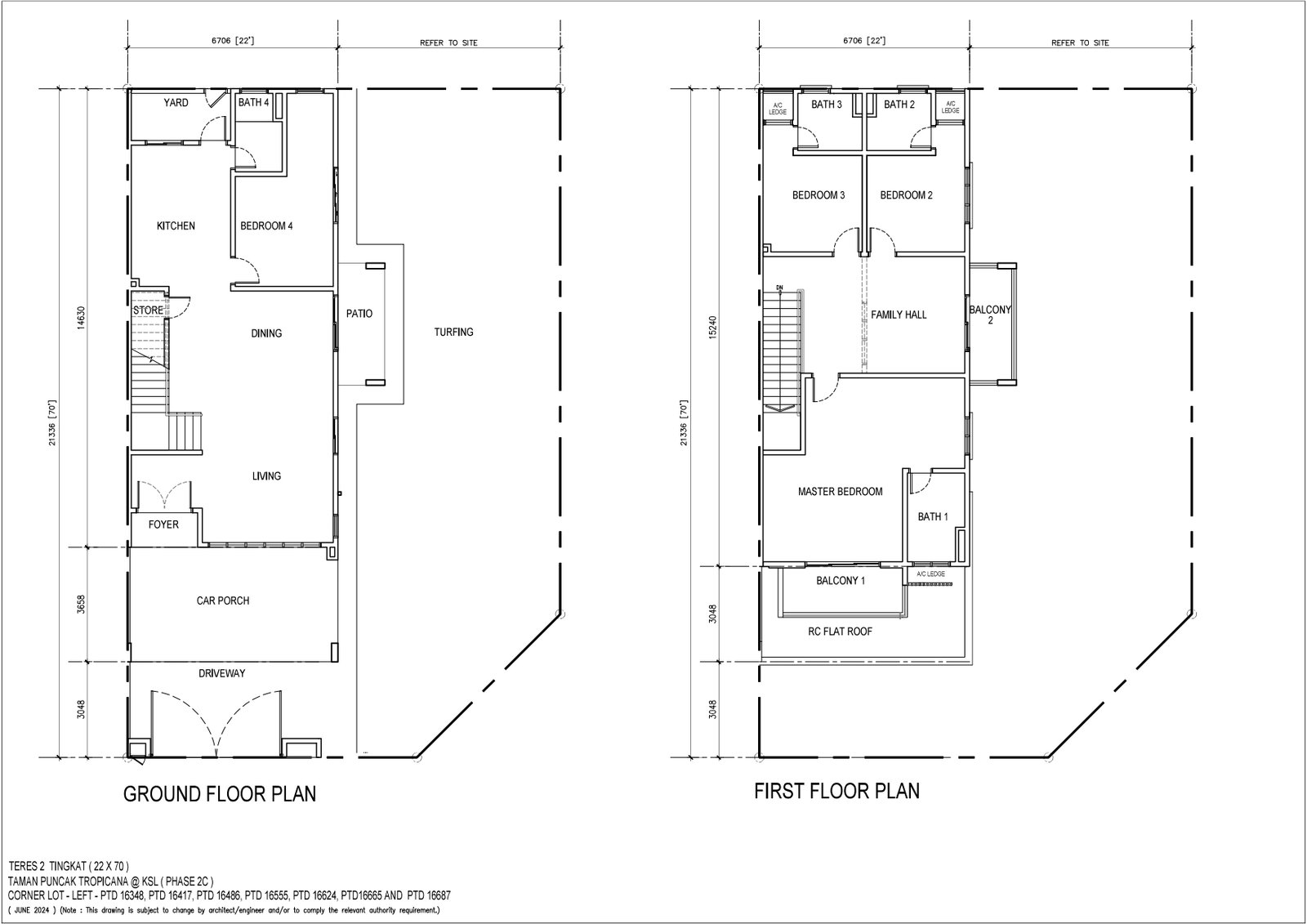 Denah lantai Rumah teras dua lantai, 22 x 70 kaki di KSL Azalea Heights