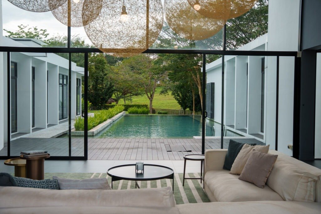 Leisure Farm villa pool and living area