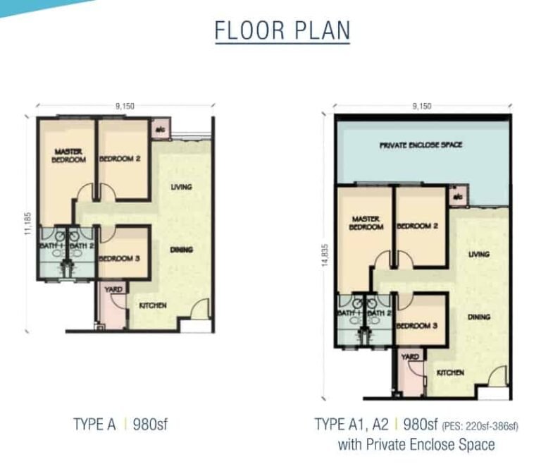 Pelan lantai 3-bedroom suite (smallest type) di Meridin Bayvue