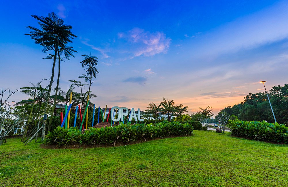 Opal Residenz landscaping and signage at dusk, Bandar Seri Alam