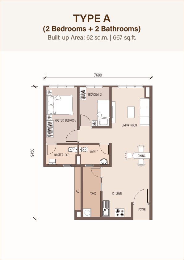 Floor plan, 2 bedrooms, Pinegate Residency