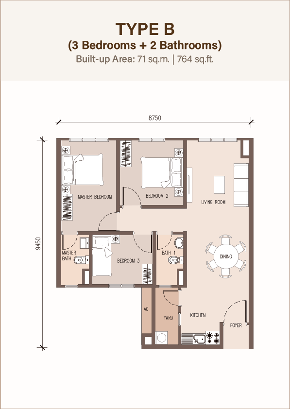 Floor plan, 3 bedrooms, Pinegate Residency