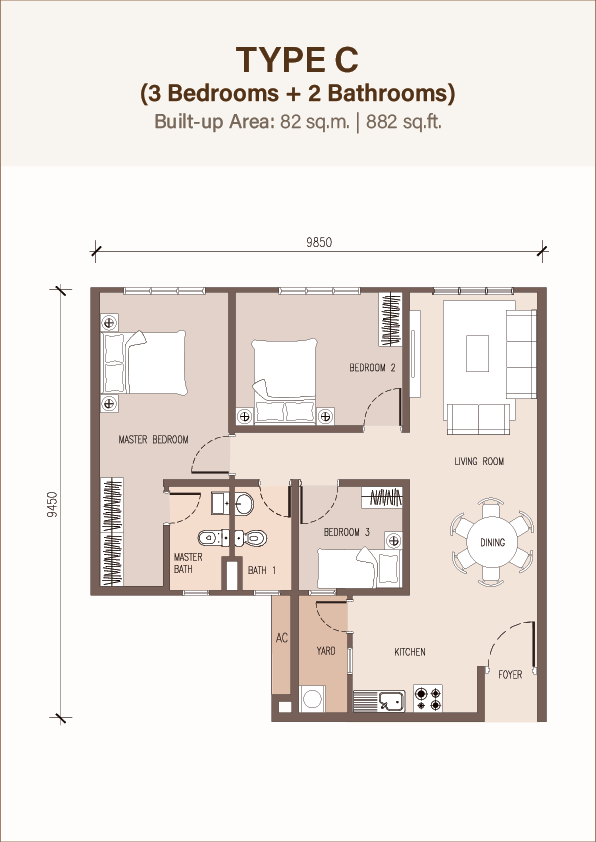 Floor plan, 3 bedrooms, Pinegate Residency