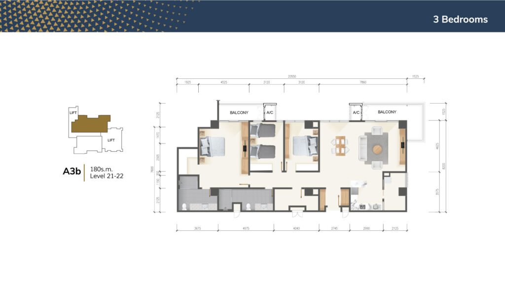 Pelan lantai Jenis 3a (suite 3 bilik tidur) di Riverine Diamond