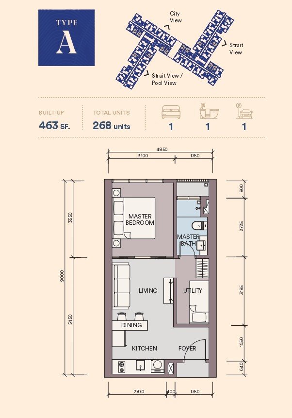 A型平面图，463平方尺一房单位，Skypark Kepler @ Lido Waterfront Boulevard