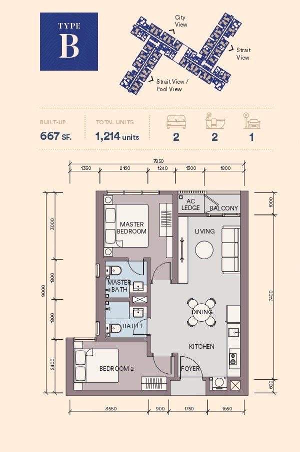 B型平面图，667平方尺两房单位，Skypark Kepler @ Lido Waterfront Boulevard