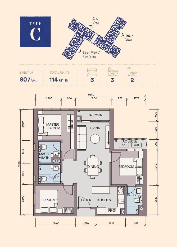 C型平面图，807平方尺三房单位，Skypark Kepler @ Lido Waterfront Boulevard