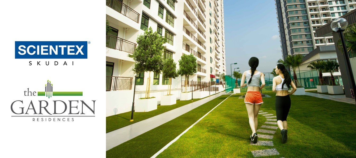 The Garden Residences landscaped walkway between the towers
