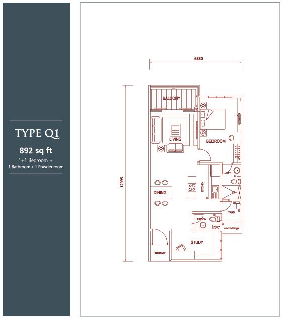 Pelan lantai Loft D jenis unit Q1, The Loft @ KK Times Square