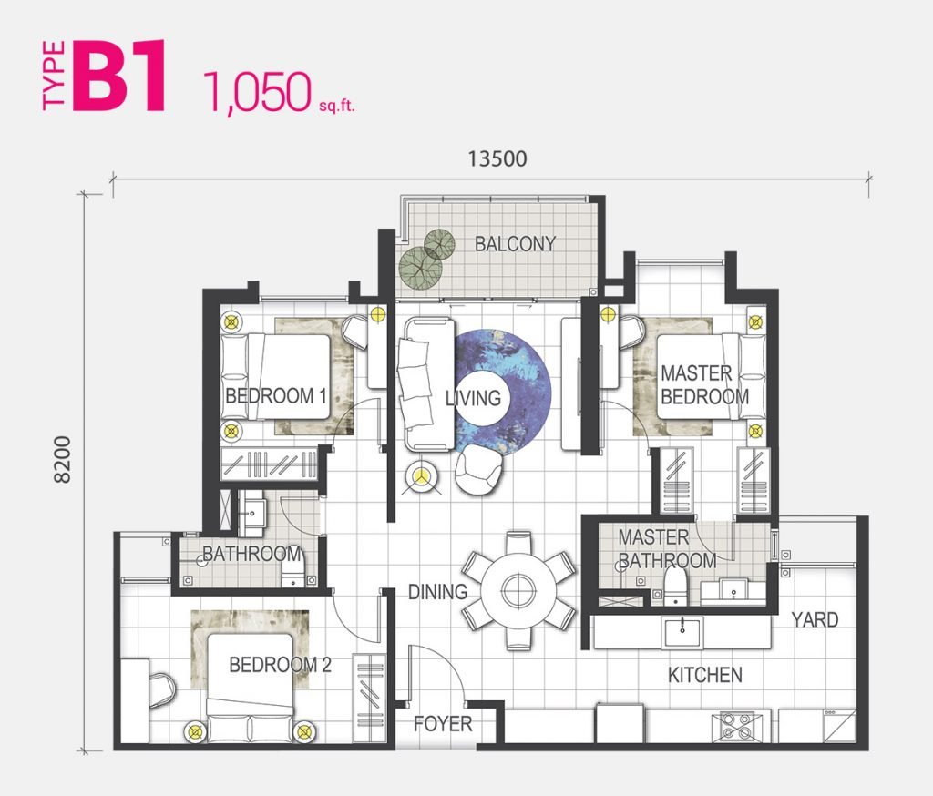 Pelan lantai Jenis B1 di GEM Residences