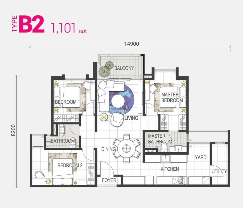 Pelan lantai Jenis B2 di GEM Residences