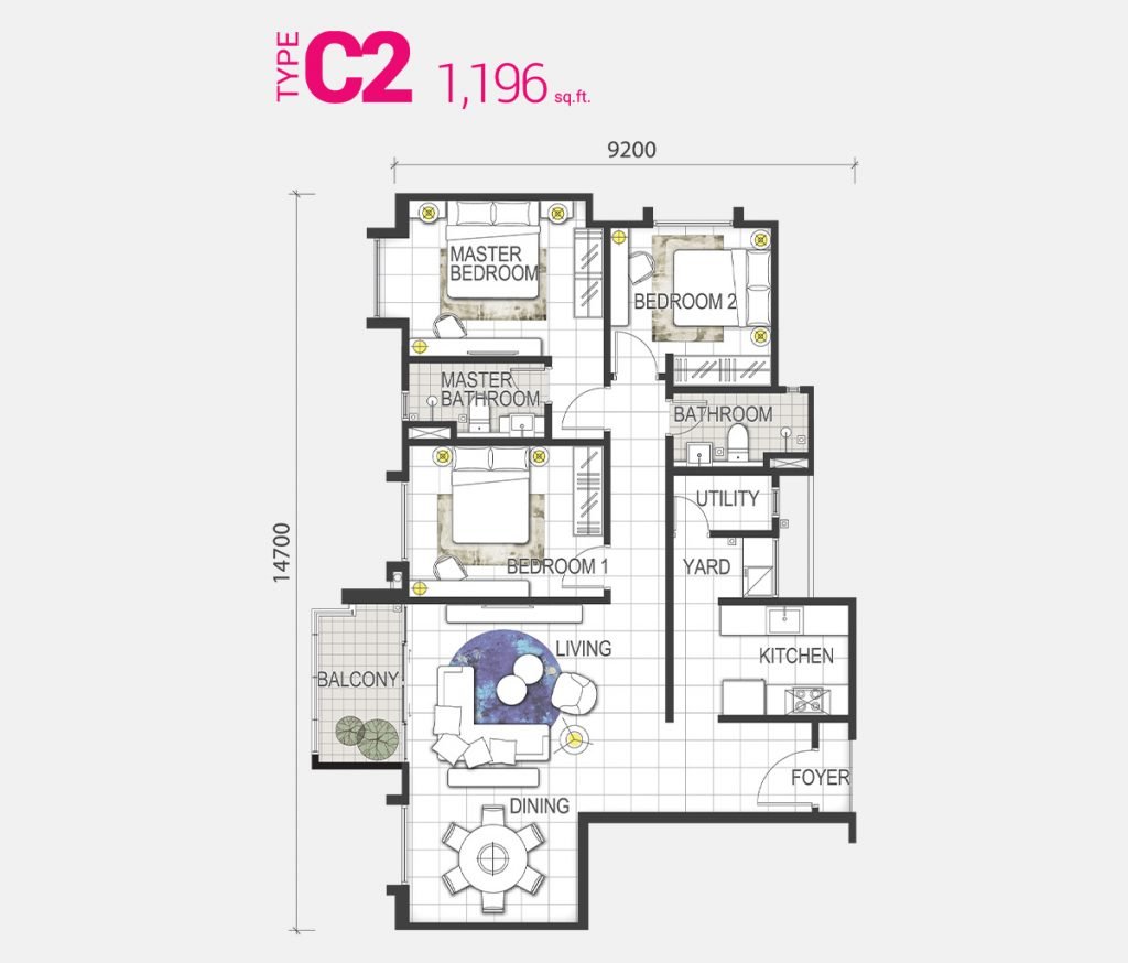 Pelan lantai Jenis C2 di GEM Residences