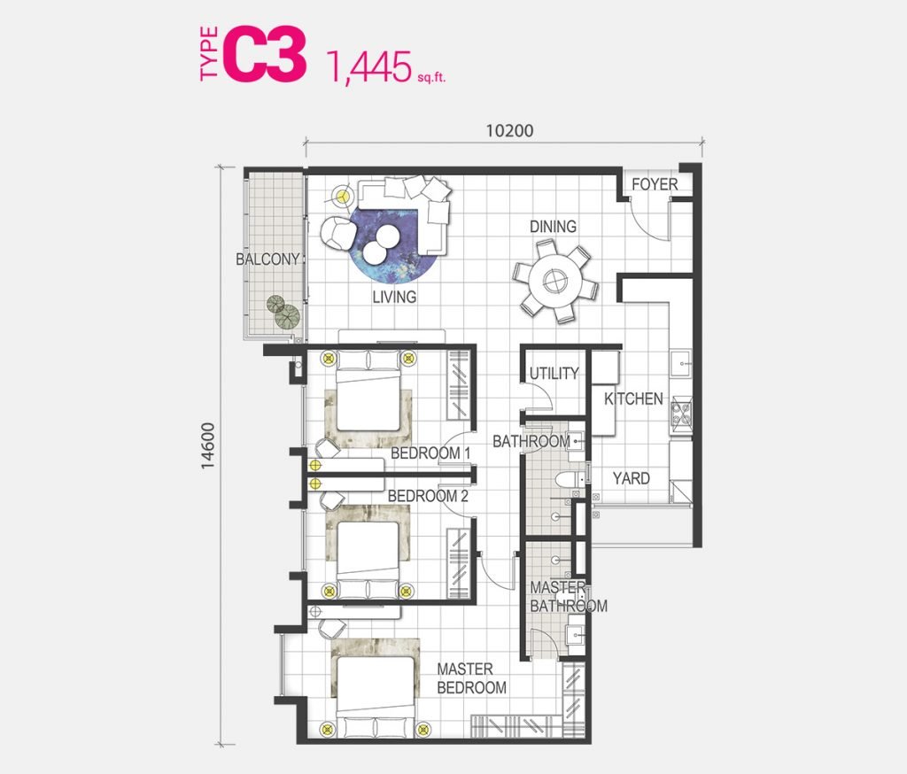 Pelan lantai Jenis C3 di GEM Residences