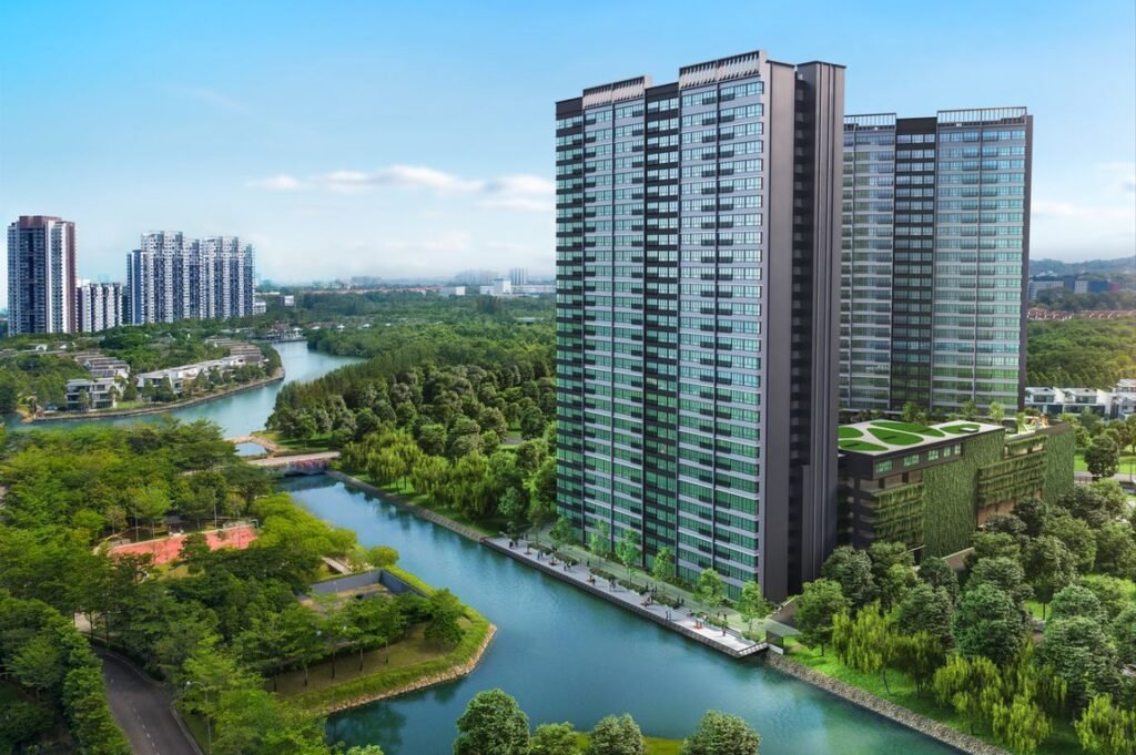 Waterway Peaks tower beside the Senibong Cove waterway