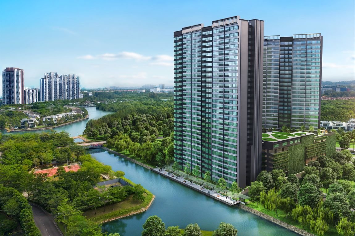 Waterway Peaks tower beside the Senibong Cove waterway