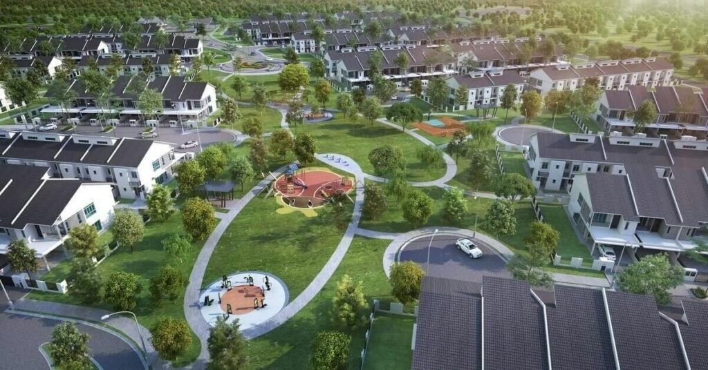 Rumah teres di sekeliling taman pusat, dari udara, Aspira ParkHomes