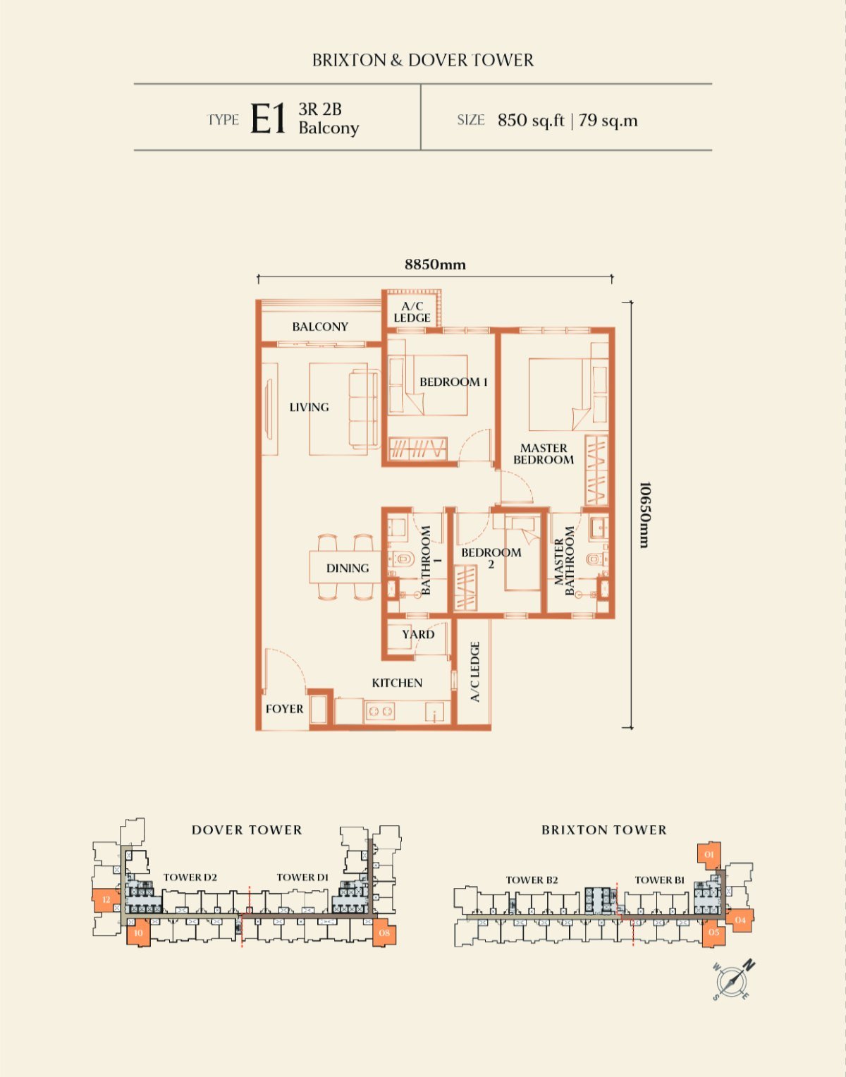 Floor plan of Dover / Brixton Type E1, E2 (3 bedrooms) at Causewayz Square @ JBCC
