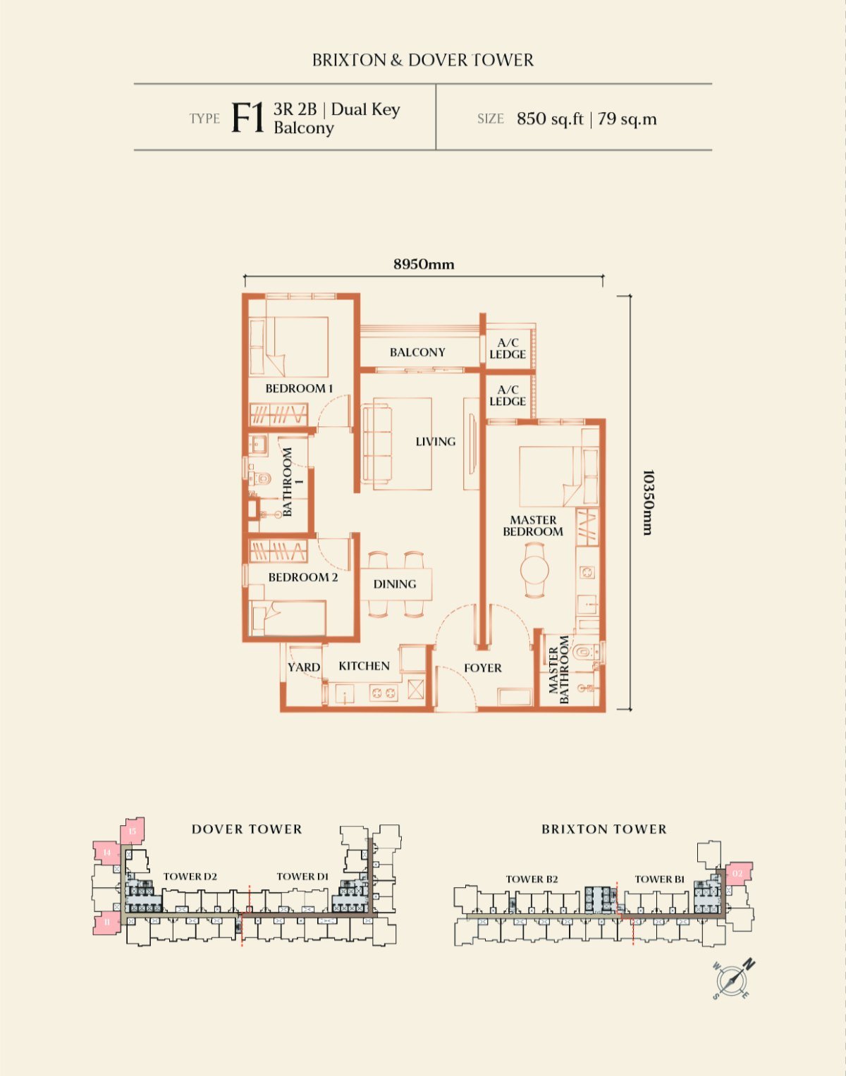 Floor plan of Dover / Brixton Type F1, F2 (3 bedrooms, dual key) at Causewayz Square @ JBCC