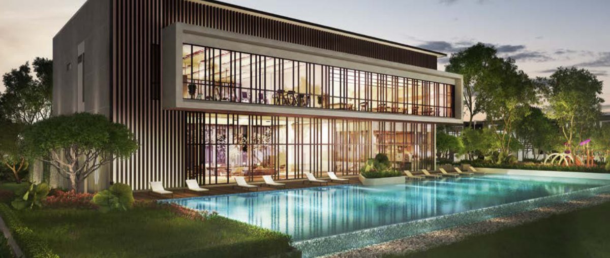 Ilustrasi artis clubhouse privat dan kolam renang di Danga Sutera