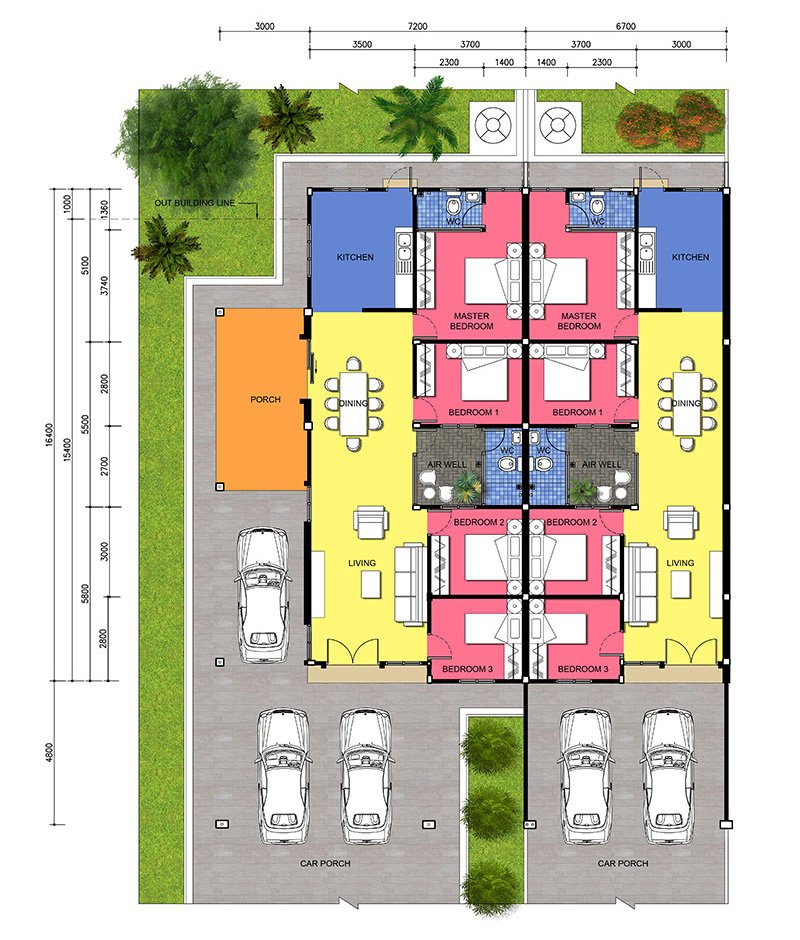 Pelan lantai rumah teres setingkat, lot tengah (22 x 54 kaki) di Curtin View