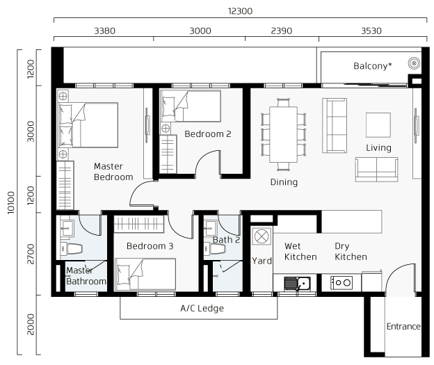 Pelan lantai Jenis C / C1 di Panorama Residence