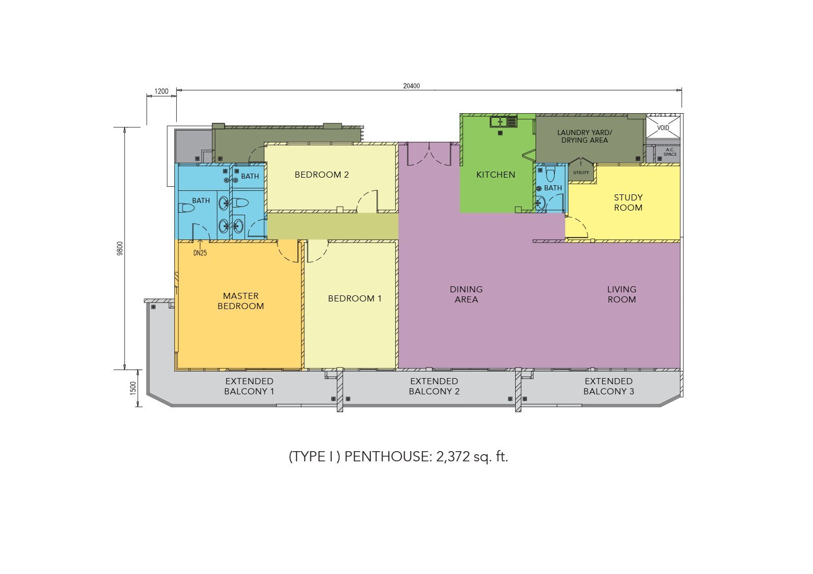 P'Residence Type I(Golden Court) · 顶层公寓户型平面图