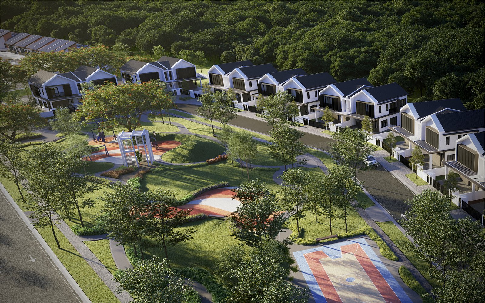 Pandangan dron taman dan taman permainan Park Homes