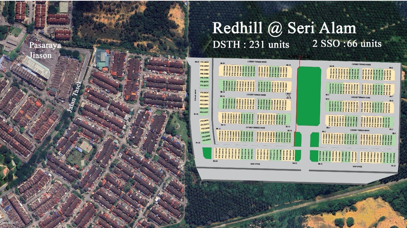 Tampak udara Redhill @ Seri Alam dengan tata letak tapak 231 unit