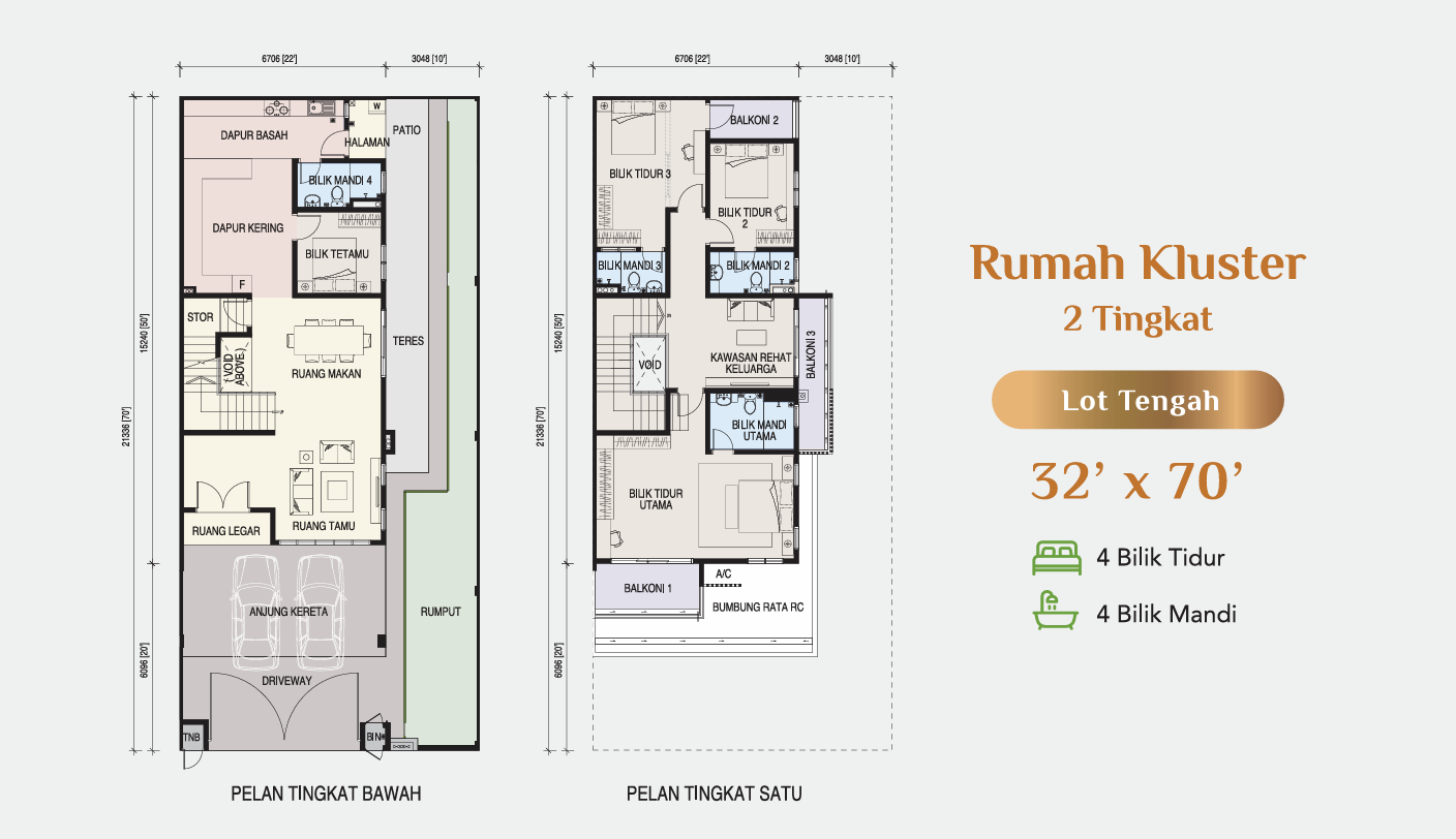 Floor plan of 2-storey cluster 32 × 70 ft (intermediate lot) at Taman Pulai Bestari
