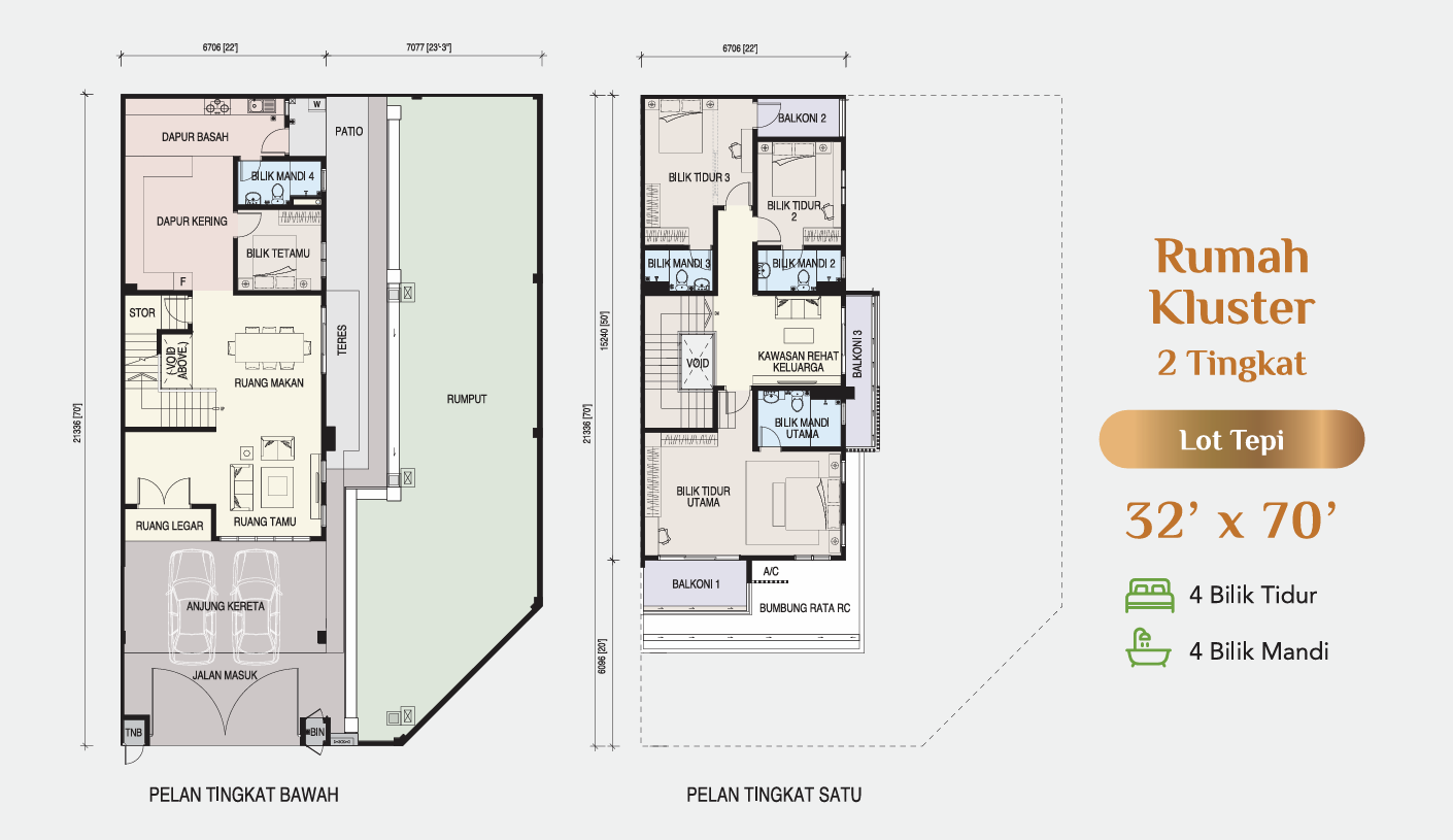 Floor plan of 2-storey cluster 32 × 70 ft (end lot) at Taman Pulai Bestari
