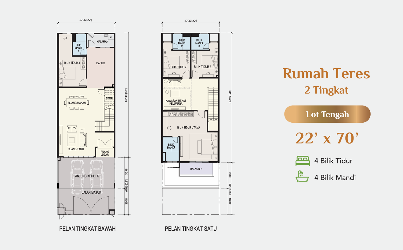 Floor plan of 2-storey terrace 22 × 70 ft (intermediate lot) at Taman Pulai Bestari