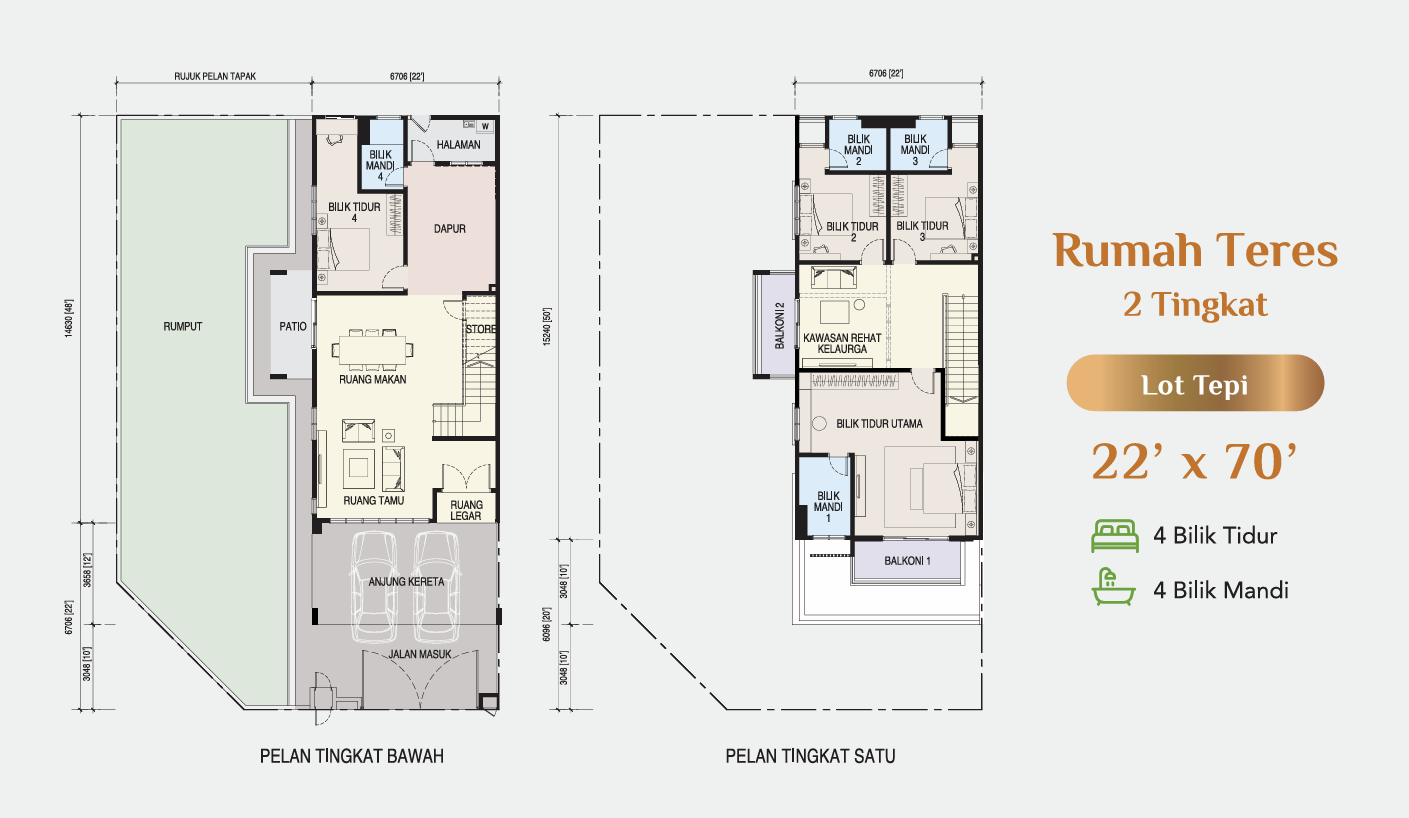 Floor plan of 2-storey terrace 22 × 70 ft (end lot) at Taman Pulai Bestari