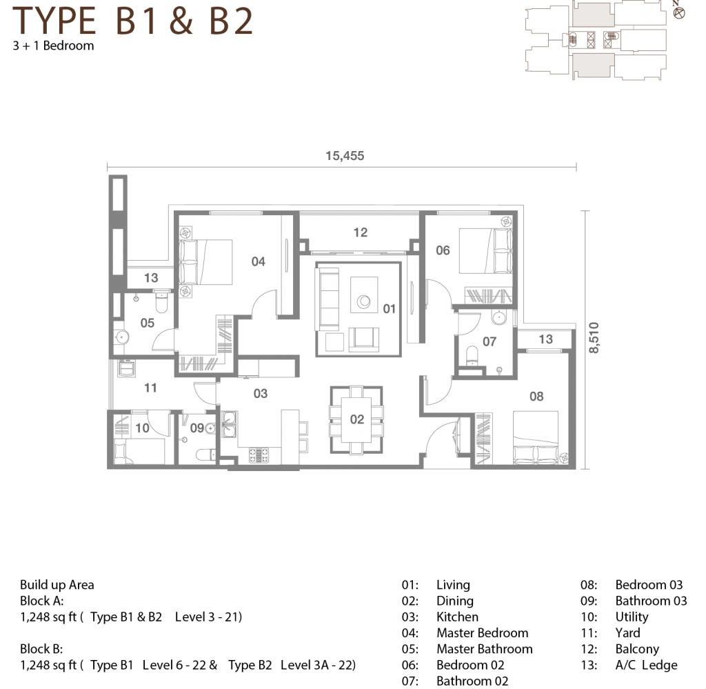 Pelan lantai Type B1 & B2 di Amansuri Residences